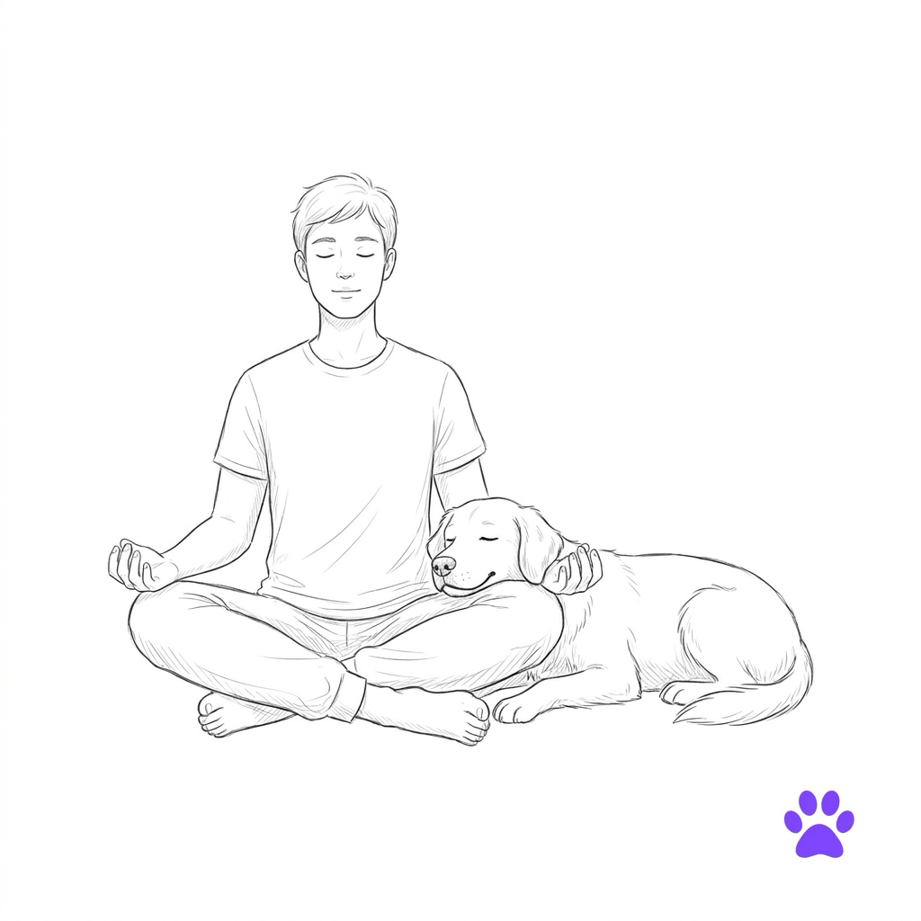 Una persona sentada en el suelo meditando con calma, con un perro descansando su cabeza en su regazo
