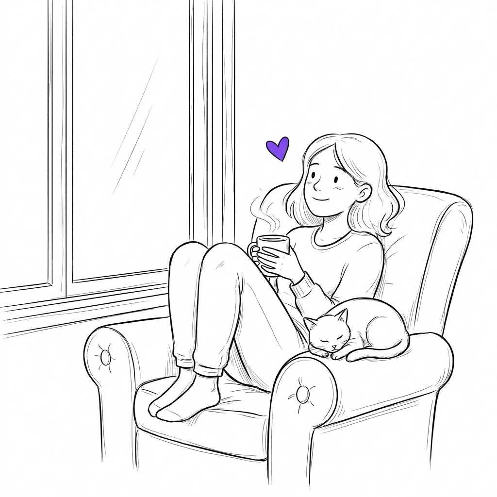 Una persona sentada en un sillón junto a una ventana, tomando una taza de café con su gato dormido al lado