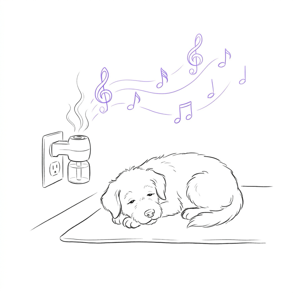 Un perro dormido tranquilamente junto a un difusor de feromonas, con notas musicales flotando en el aire